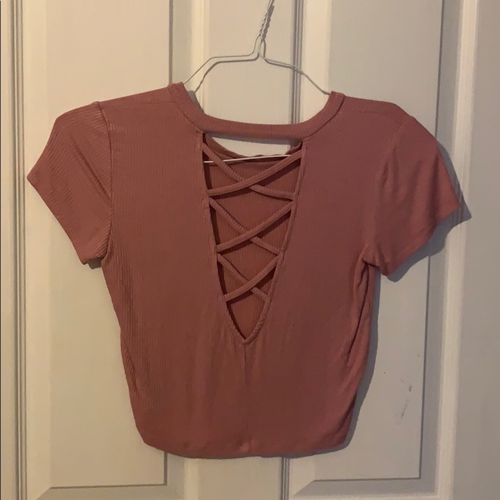 Mauve open back top with lattice like strapping